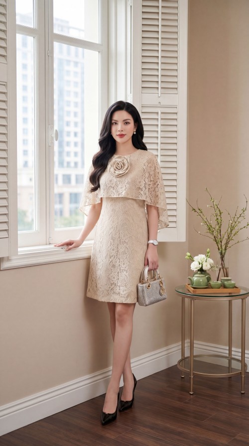 Sixdo Beige Lace Loose Dress With Flower